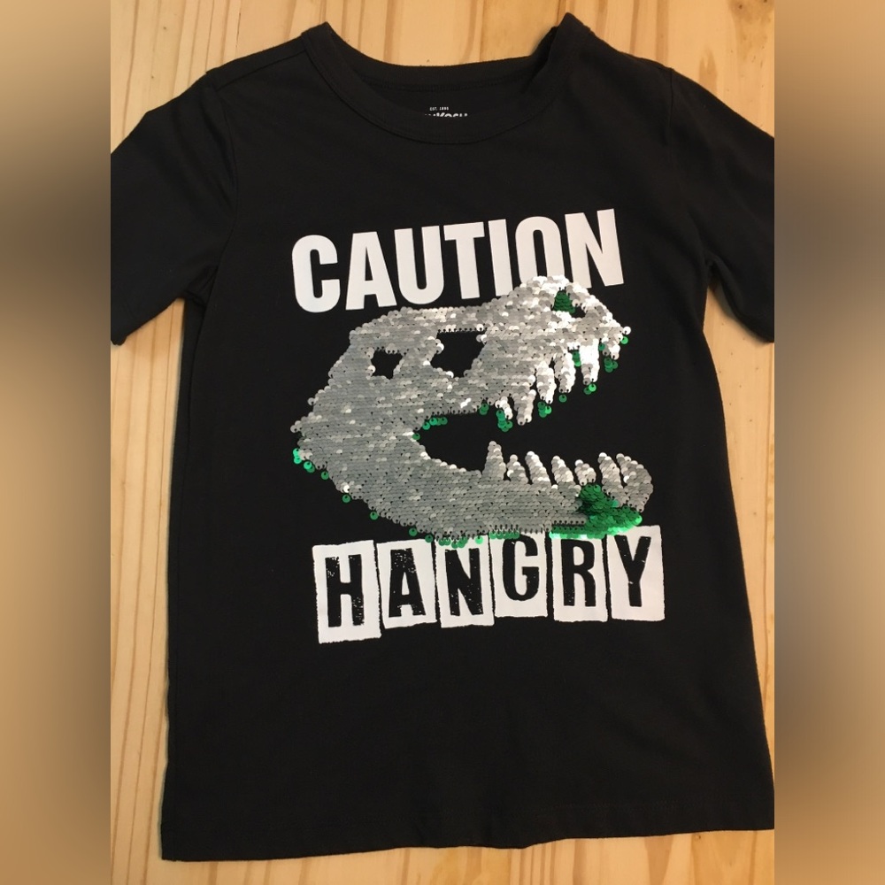 Caution Hangry Reversible Sequin Dino Tee OshKosh B'gosh Short Sleeve T-Shirt - Picture 2 of 6